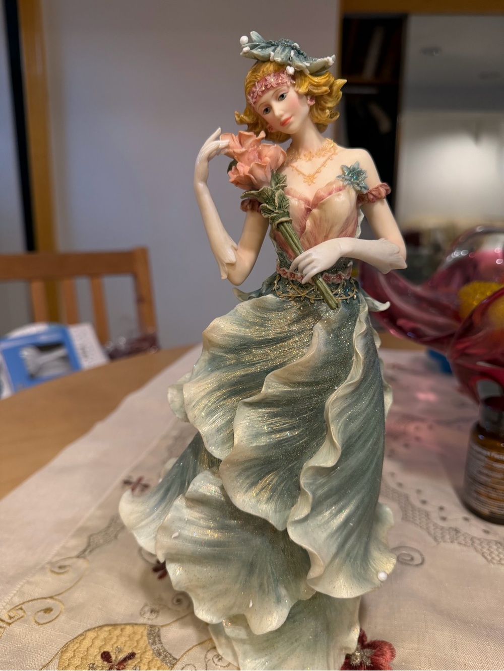 Elegant Green and Pink Floral Lady Figurine - Decorative Home Art